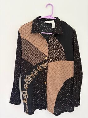 Vintage Patchwork Embroidered Button-Up Blouse in Black and Tan